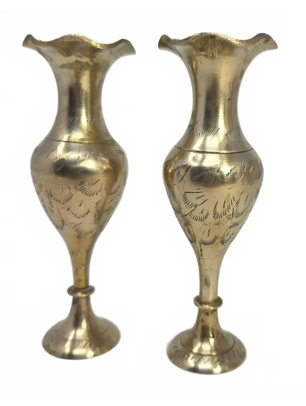 Vintage Indian Brass Vases Set of 4 Etched Floral Graduated Ruffled Rim